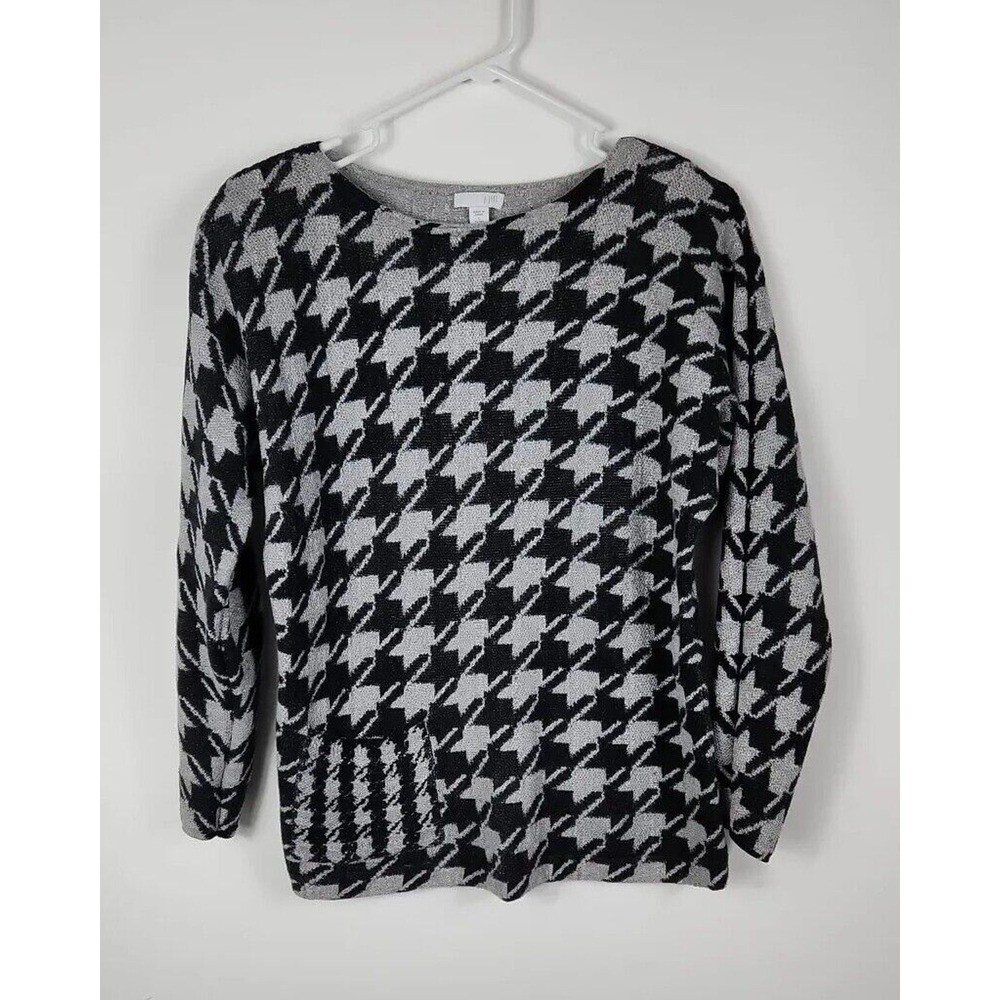 J. Jill Sweater Women Small Petite Black Grey Houndstooth Cotton Pocket Top